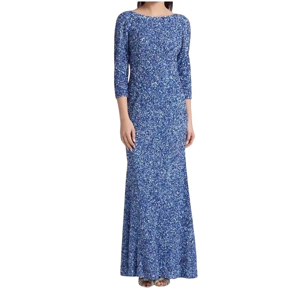 THEIA Blue Sequin Boat Neck 3/4 Sleeve Evening Gown Size 4